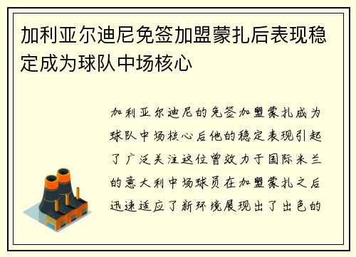加利亚尔迪尼免签加盟蒙扎后表现稳定成为球队中场核心 加利亚尔迪尼免签加盟蒙扎后表现稳定成为球队中场核心