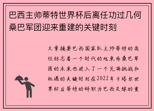 巴西主帅蒂特世界杯后离任功过几何桑巴军团迎来重建的关键时刻