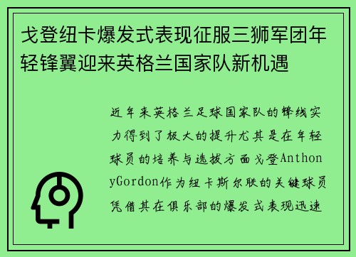 戈登纽卡爆发式表现征服三狮军团年轻锋翼迎来英格兰国家队新机遇 戈登纽卡爆发式表现征服三狮军团年轻锋翼迎来英格兰国家队新机遇